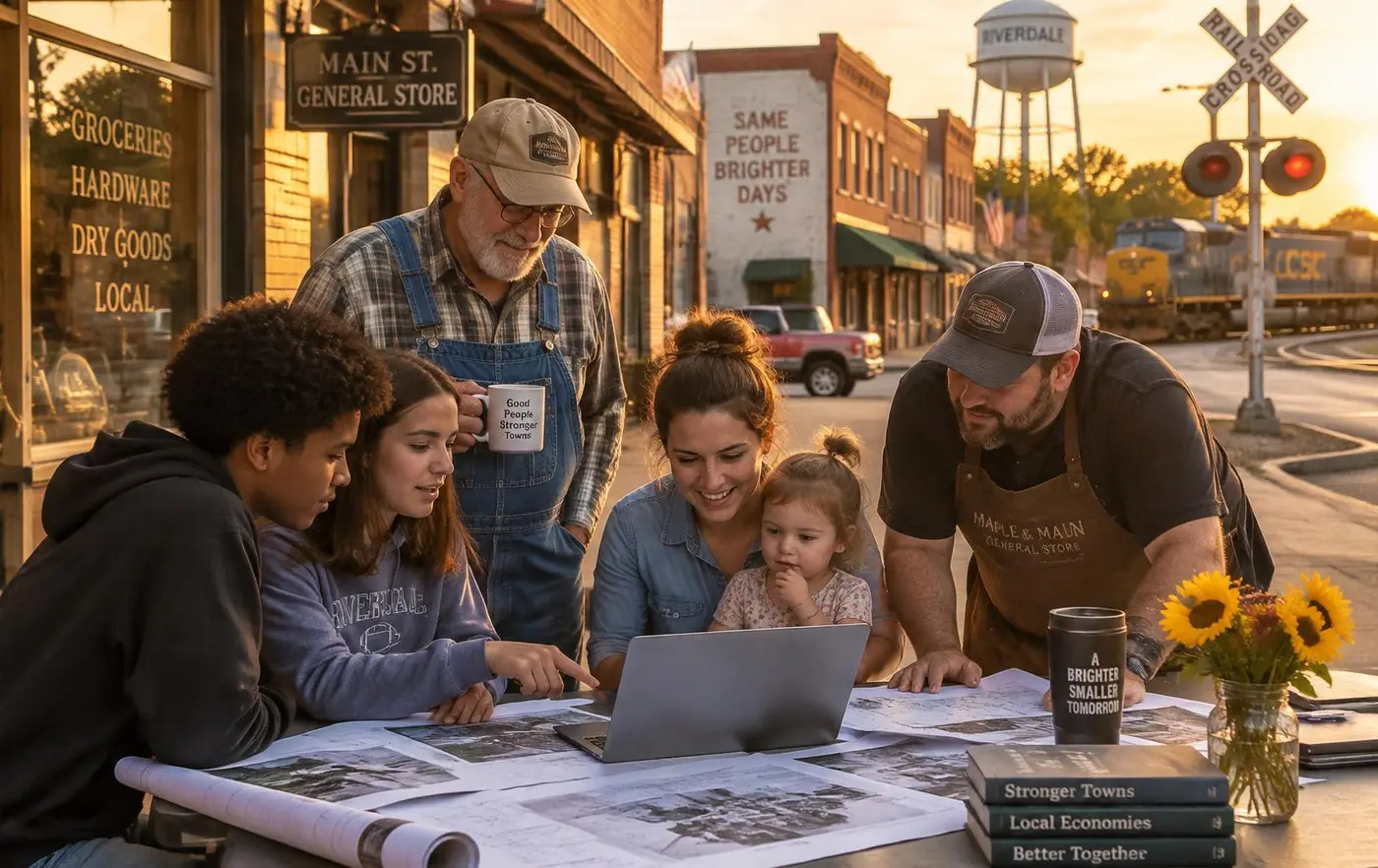 Residents of a small Southern town — teenagers, a parent with her child, an older neighbor, and a shop owner — planning together around a laptop and maps on Main Street