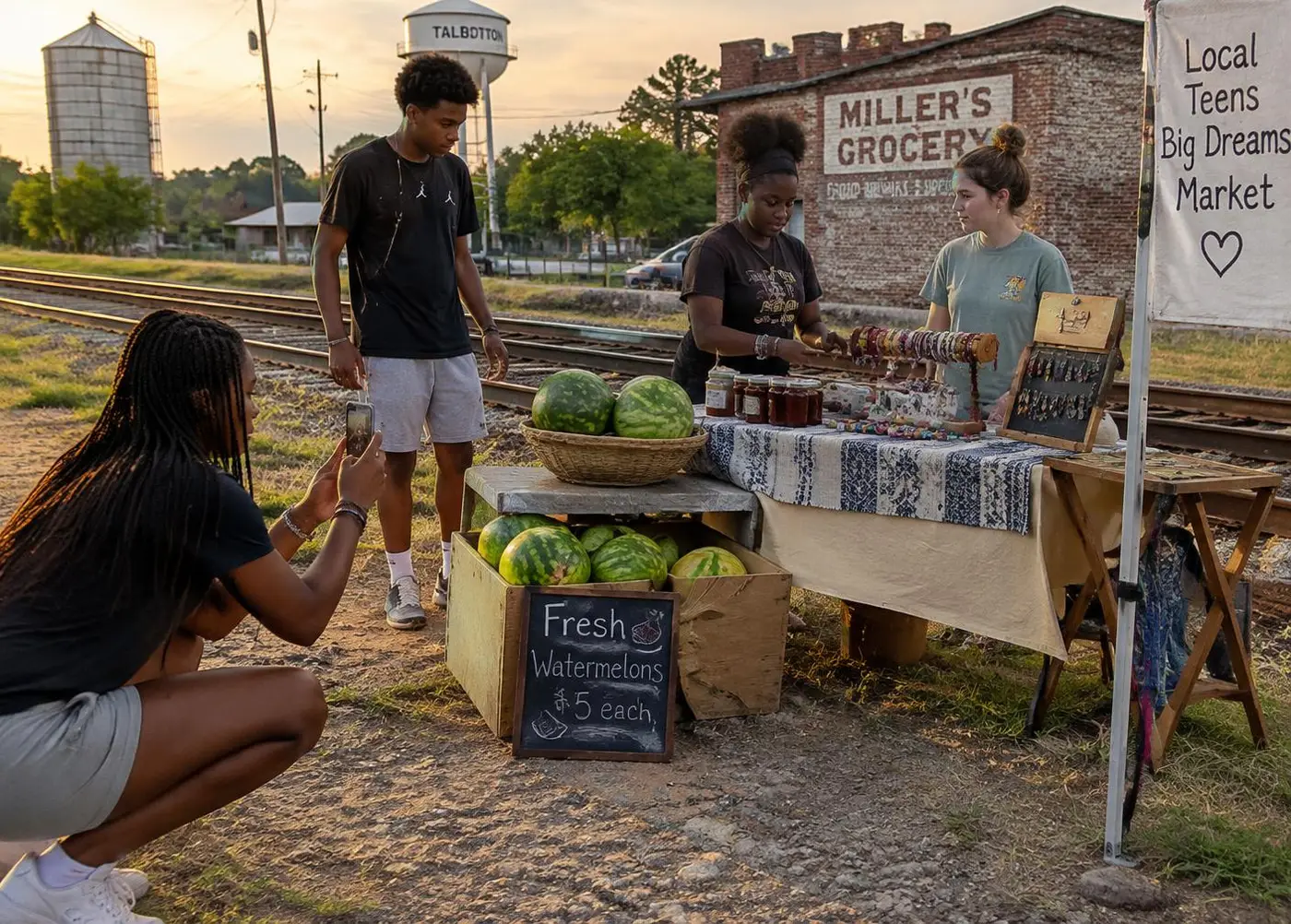 Teenagers running a pop-up market stand with watermelons and handmade goods beside railroad tracks in a small town
